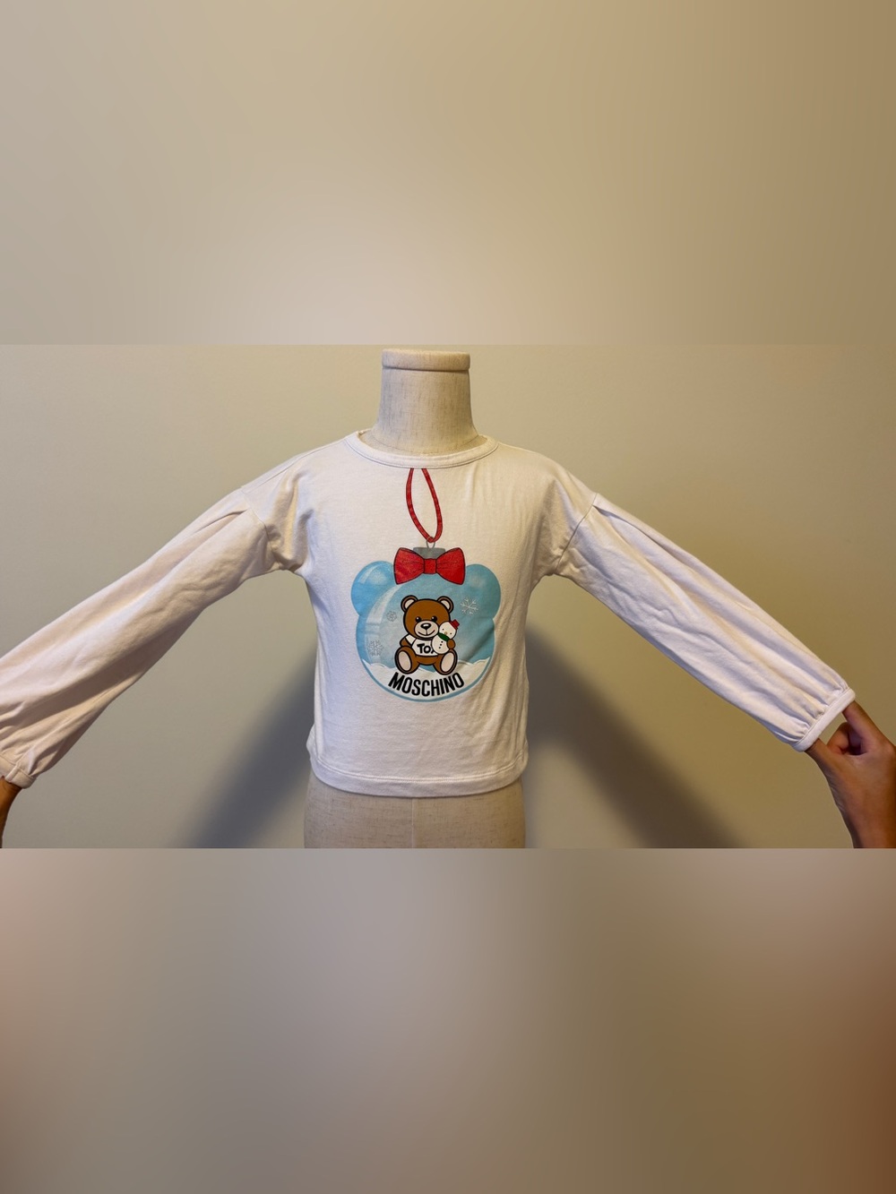 Used Moschino White Long-Sleeve Tee with Red Bow and Blue Teddy Ornament Graphic